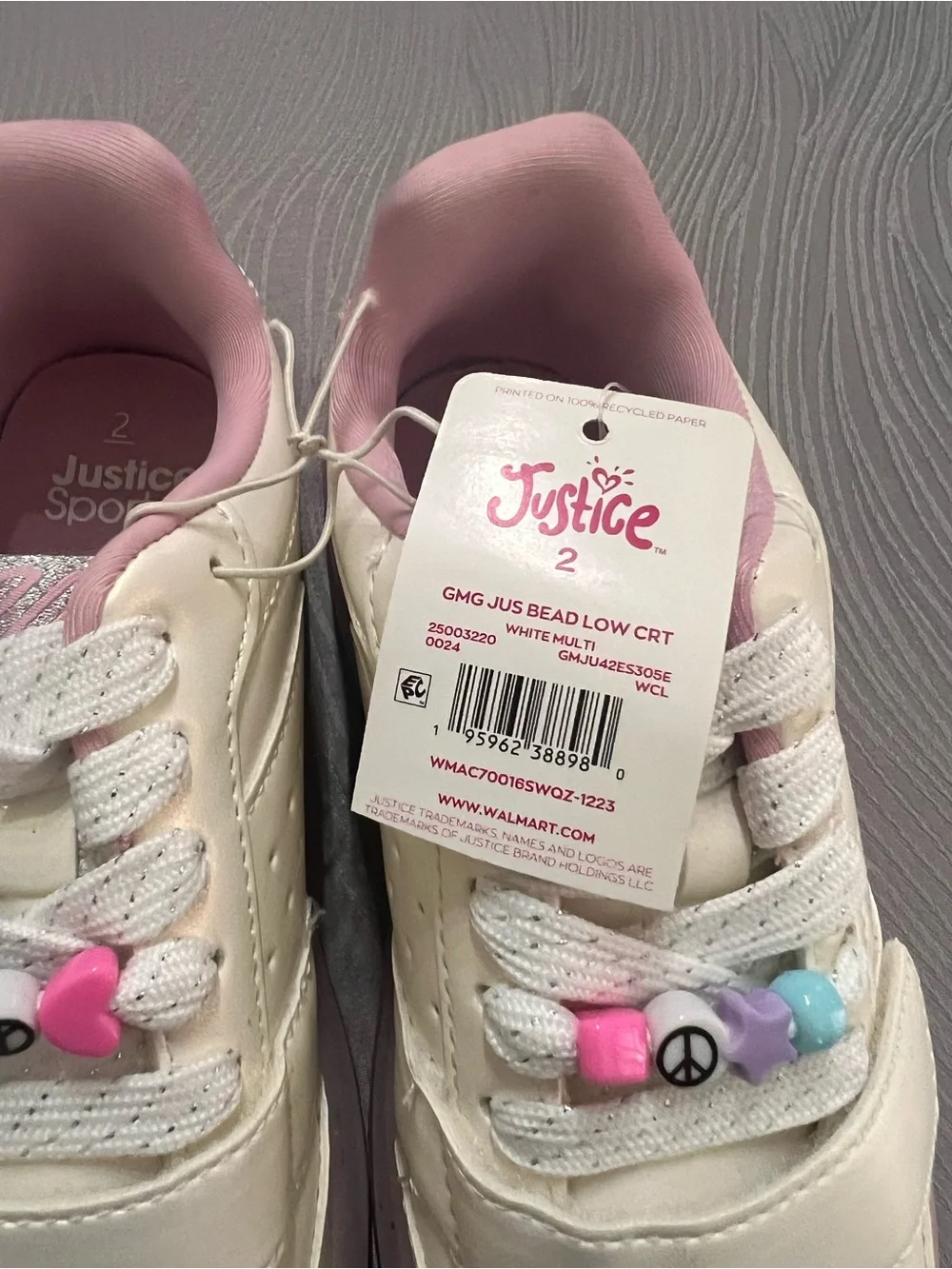 Justice Girls Sneakers Sz 2 White Pink Glitter Sole Beaded Laces